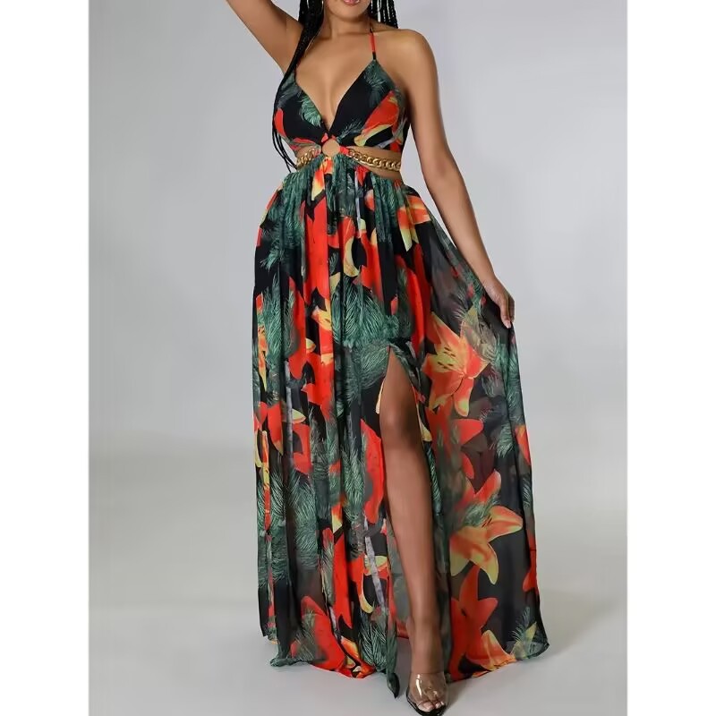 Elegant Womens Floral Print Halter V-neck Backless Side-Slit Dress Cut Out Waist Chain Sleeveless High Side Split Fit Flare Maxi Long Dresses vestido floral elegante.