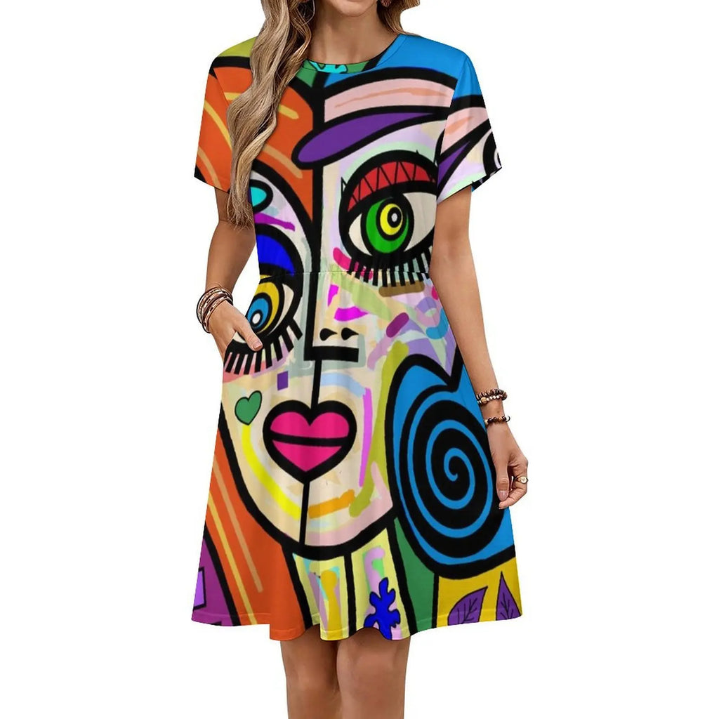 Funky Ladies Abstract Face No 2 Floral Smock Dress For Women Spring Summer Casual Dress For Party Multicolor Picasso Abstract