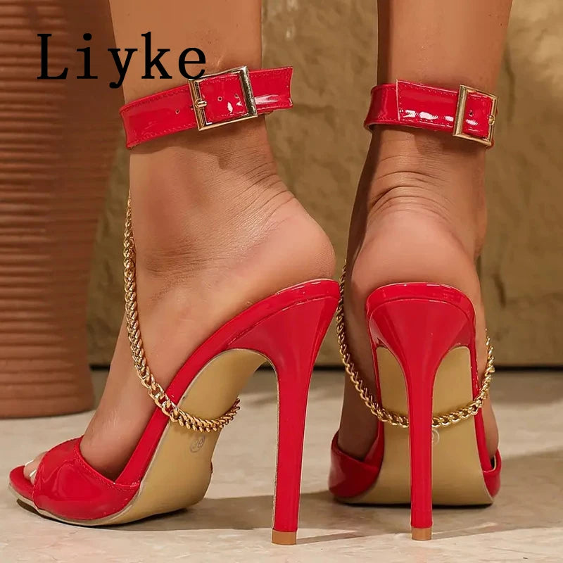 Liyke 2026 Summer Fashion Metal Chain Belt Buckle Strap Designer Sandals Women Party Prom Shoes Sexy Open Toe Stripper Heels Red 