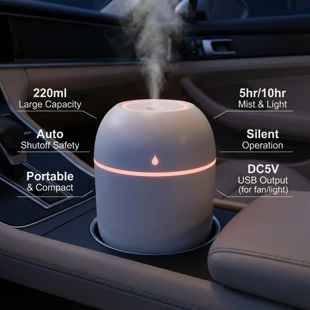 220ml Portable USB Ultrasonic Air Mini Humidifier Essential Oil Diffuser Car Purifier Aroma Anion Mist Maker
