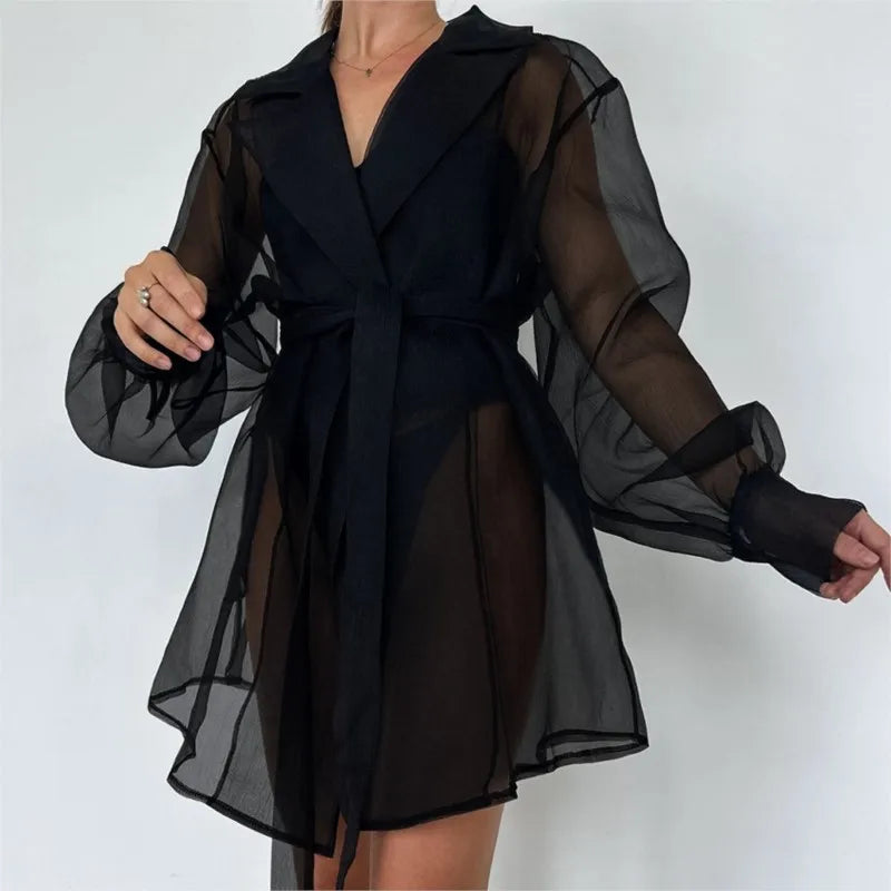 Black Sheer Trench Coat Women 2025 New Long Sleeve Belted Loose Fit Sheer Blouse Casual Streetwear Autumn Sheer Outerwear Dress