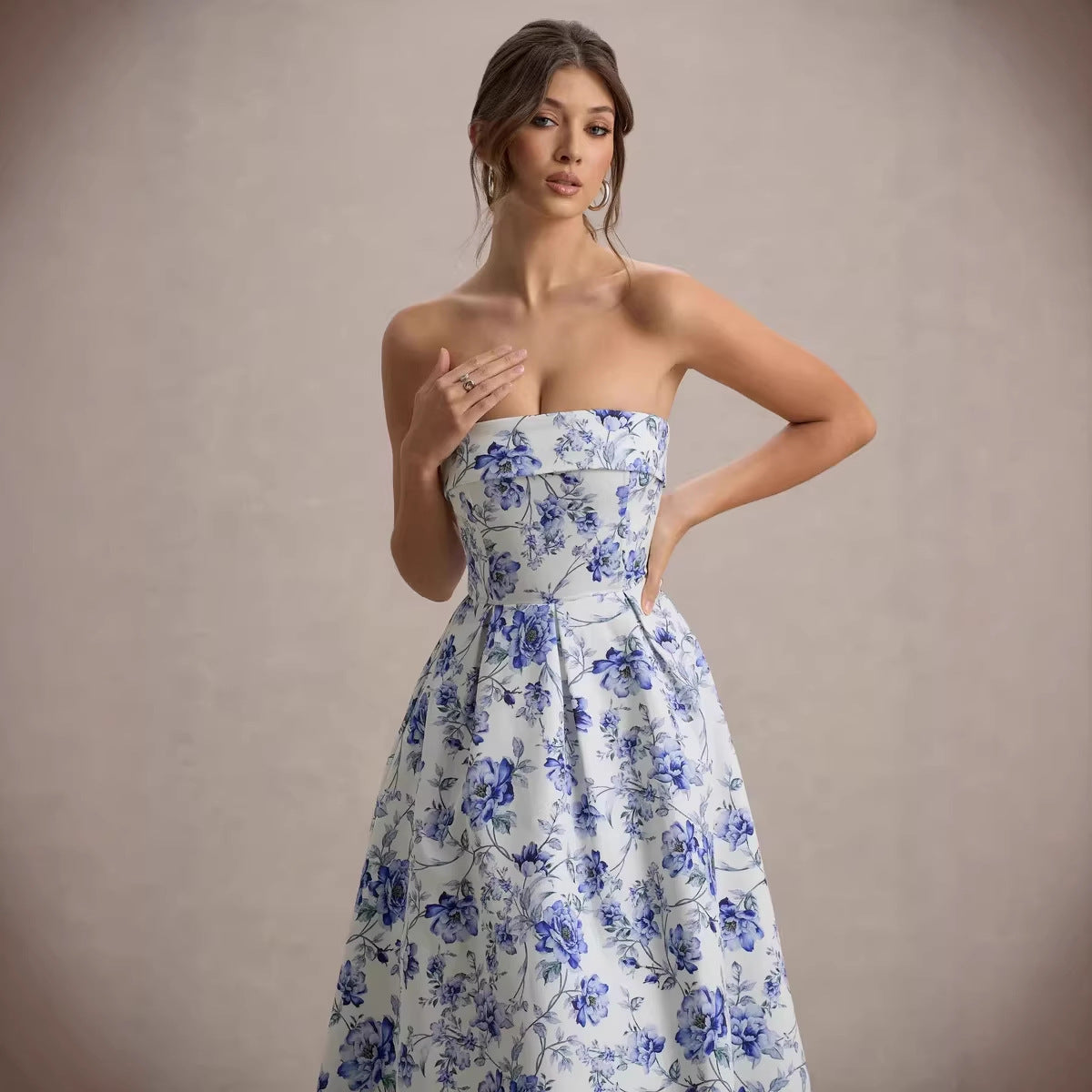Elegant Strapless Waist-Cinched Off-Shoulder Printed Dress