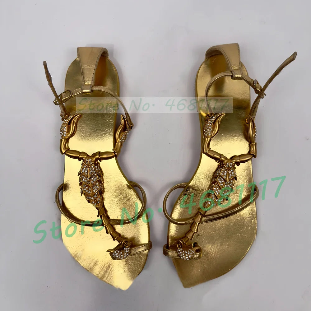 Black Leather Sandals With Gold Luxury Hardware Women Sparkly Cross T Strap Studded Shoes Ladies Party Ankle Strap Bling Sandals