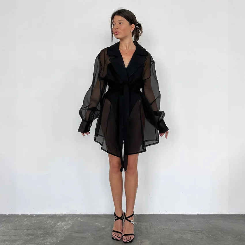 Black Sheer Trench Coat Women 2025 New Long Sleeve Belted Loose Fit Sheer Blouse Casual Streetwear Autumn Sheer Outerwear Dress