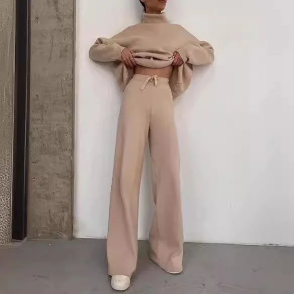 Sets Women Outfits Elegant Turtleneck Long-sleeved Sweater Trouser Suit Solid Color Comfortable Wide Leg Home Conjuntos De Mujer