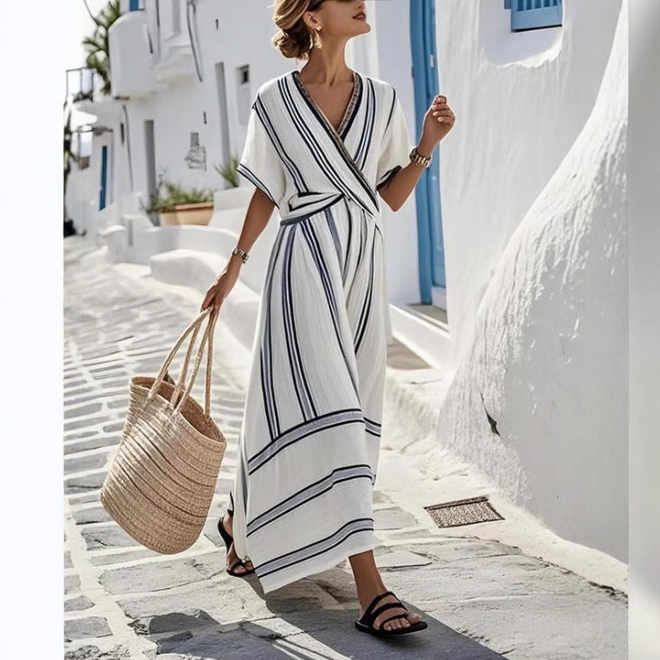 Casual Loose Retro Striped Print Holiday Dress Summer Short Sleeve V Neck Robes Dress Boho Beach Pleated A-Line Long Dress Woman vestido de verano de mujer