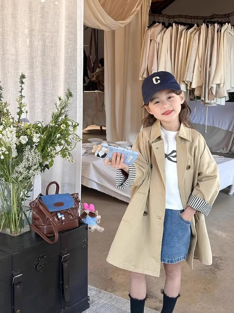 Girl's Trench Coat Spring and Autumn Children's Western British Style Medium length Jacket 110-160cm