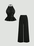 Sweetra Women's French Style Loose Solid Color Drawstring Halter Top And Relaxed Wide Leg Casual Chic 2-Piece Set