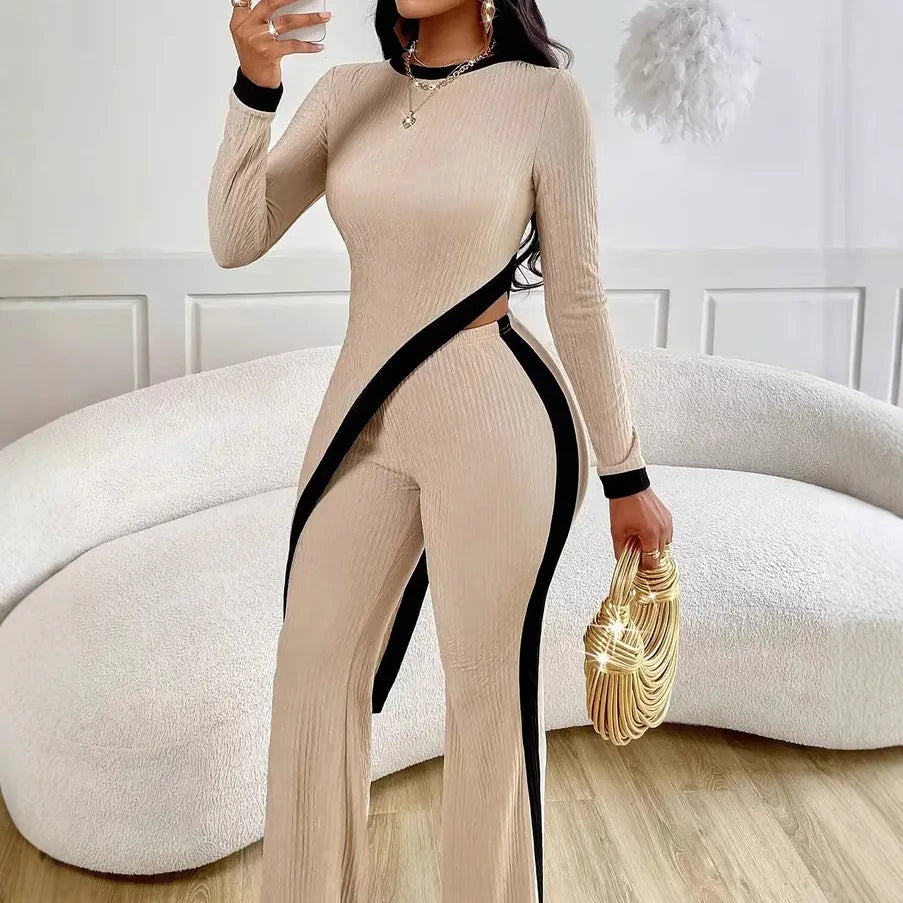 New Women's Sets 2 Pieces Elegant Round Neck Slim Irregular Sexy Solid Color Top + Wide-leg Loose Trousers Ladies Clothes