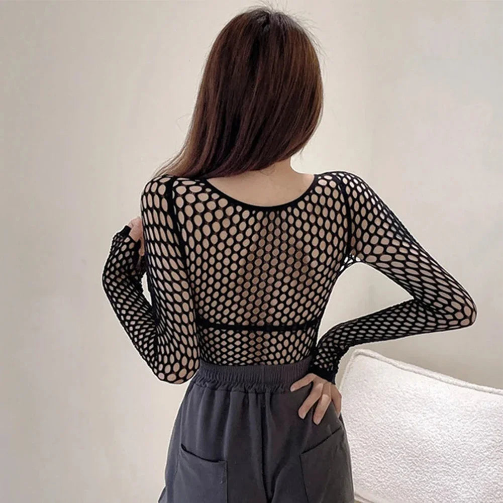 Womens Sexy Mesh Long Sleeve Fishnets Tops Fun Fashion Slim Fit Tops Hollow Out See Through Loose Female T-shirts Crop soft Top 