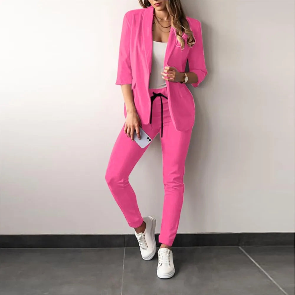 Office Lady Blazer And Lace-Up Pants Two Piece Set 2024 New Casual Fashion Solid Color Women's Set Conjuntos De Mujer Streetwear