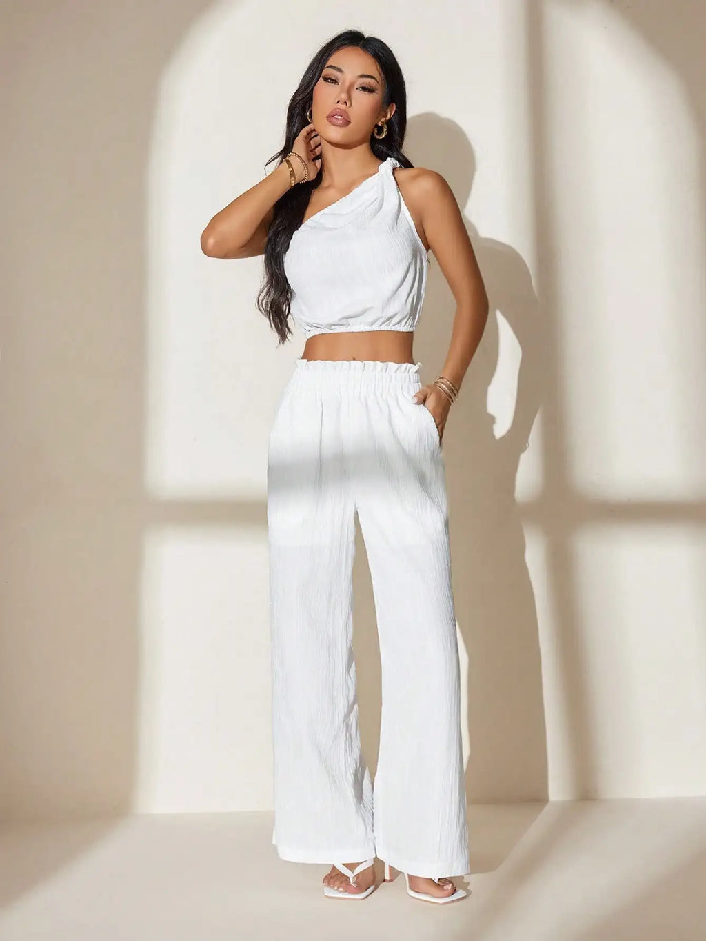 White One-Shoulder Crop Top & Wide Leg Pants Set for Summer Festivals, Beach, Vacation, Casual Wear