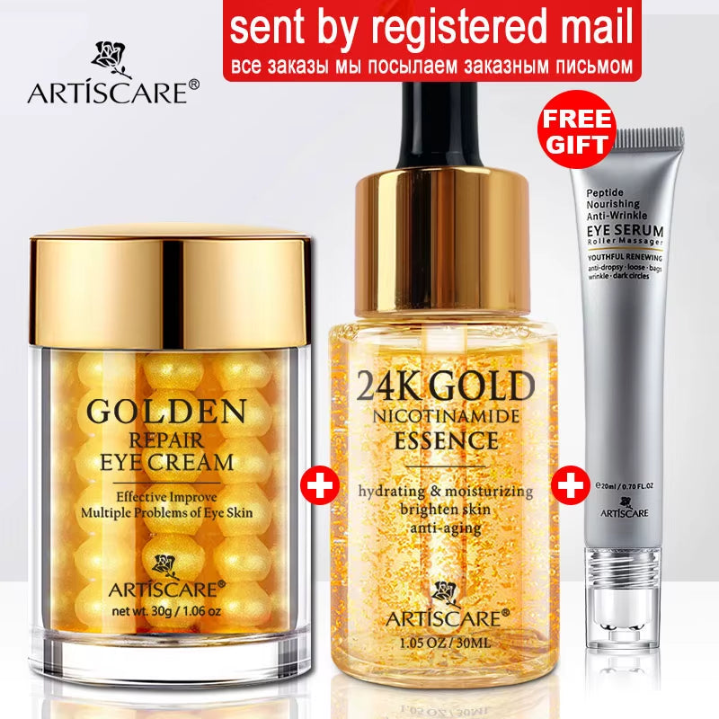 24K Gold Skincare SET Face Cream Moisturizing Serum Dark Circles Essence Korean Skin Care Products 