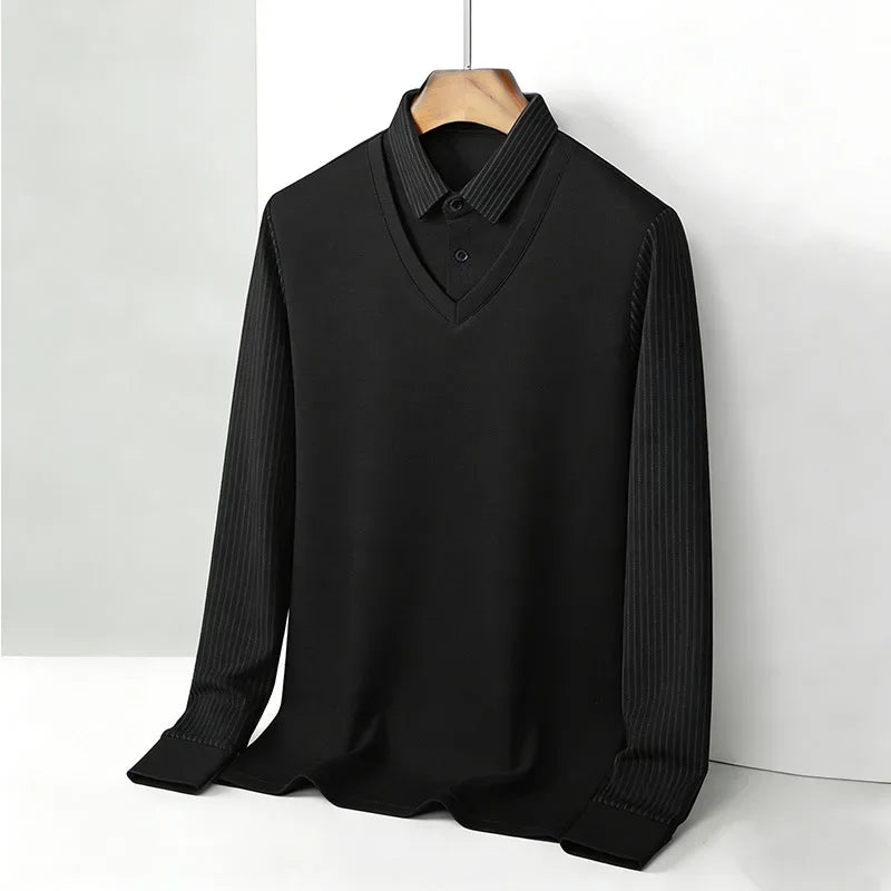 Men's Fake Two Piece Shirt Collar V Neck Long Sleeve Top Khaki Striped Casual Fashion Soft Fabric Daily Wear Blou 
