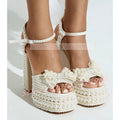 Women's White Pearl Platform Sandals Ankle Strap With Buckle Open Toe Bowknot Block Heels Sandals Luxe Lolita Party Wedding