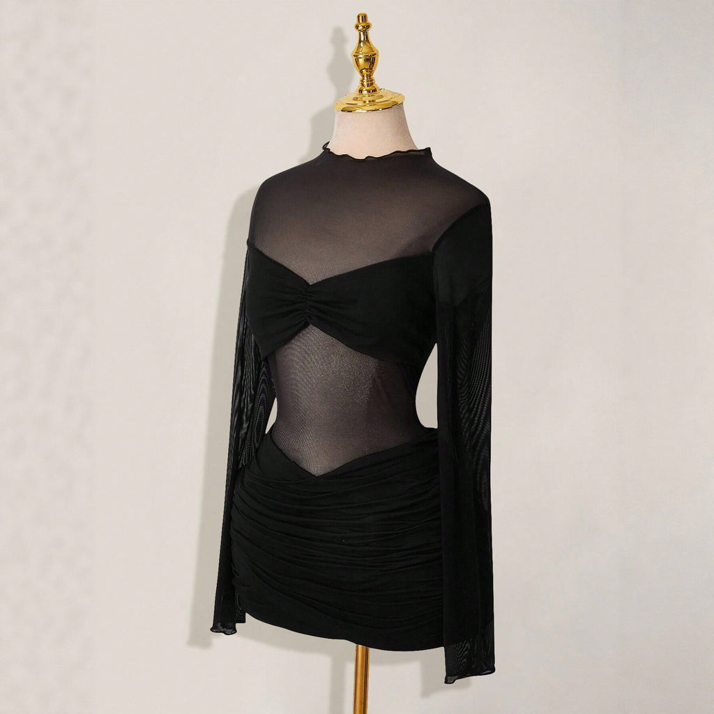 Solid-color Slim-fit Sexy Mesh Sheer Round-neck Sheath Dress For Women