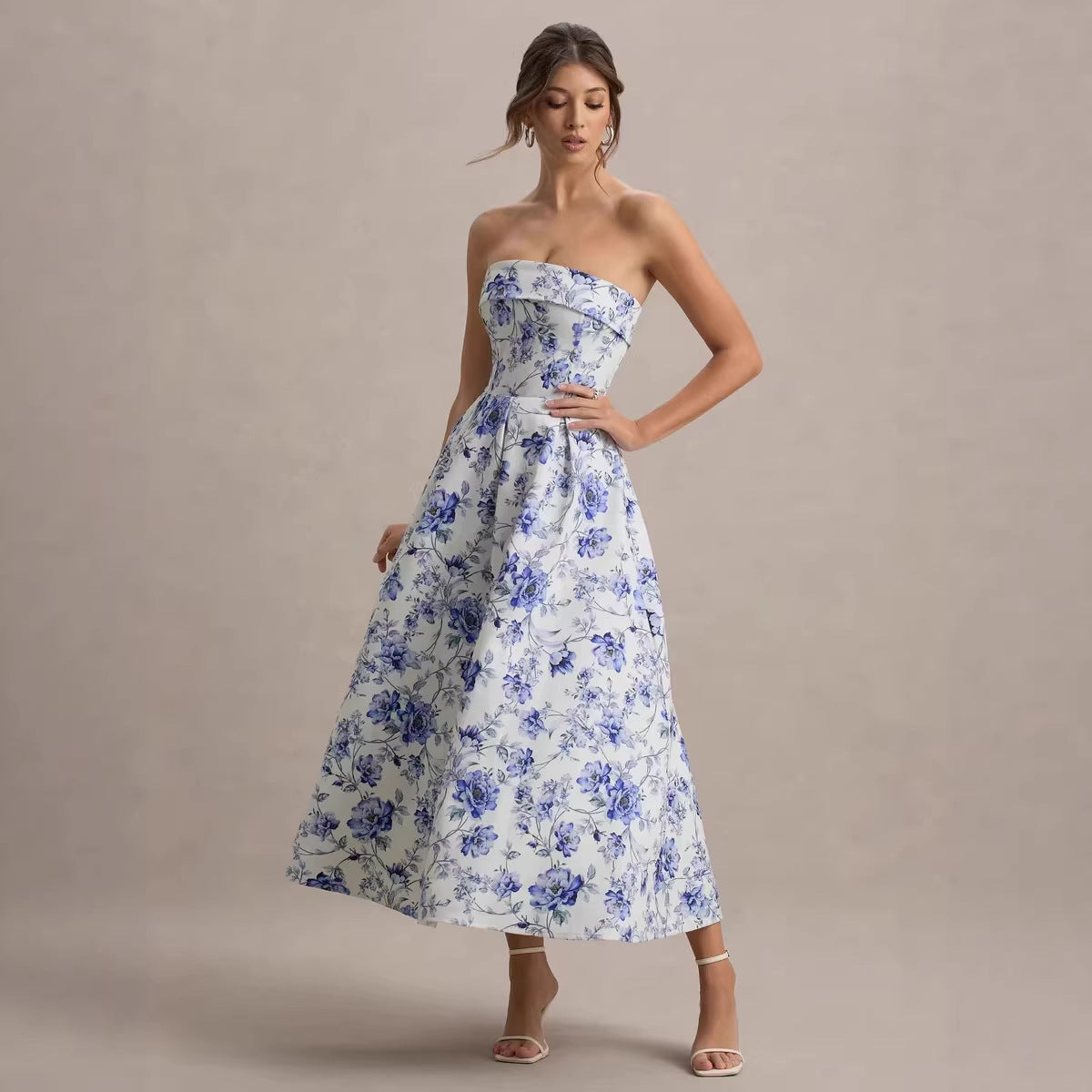 Elegant Strapless Waist-Cinched Off-Shoulder Printed Dress