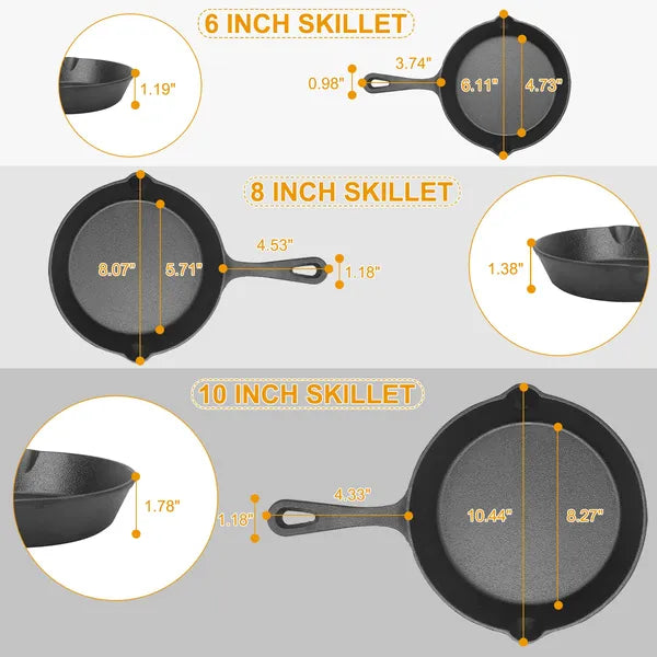 3Pcs Pre-Seasoned Cast Iron Skillet Set 6/8/10in Non-Stick Oven Safe Cookware Heat-Resistant Frying Pan sartenes