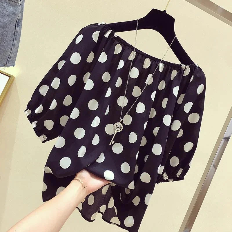Women Spring Summer Style Loose Blouses Shirts Lady Casual Slash Neck Polka Dot Printed Blouses Tops