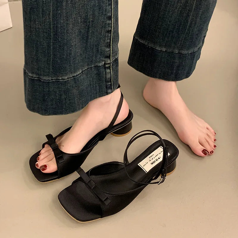 Women High-heel Sandals Fashion Thick Heel Butterfly-knot Women Sandals 2025 Summer Ladies Outdoor Gladiator Sandalias De Mujer