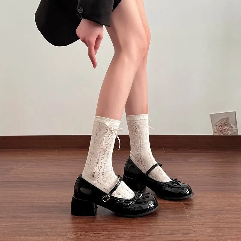 Women French Ballet Mary Jane Shoes Fashion with Bow Casual Leather Shoes Patent Leather Thick Heel Shoes Sandals Women Summer 