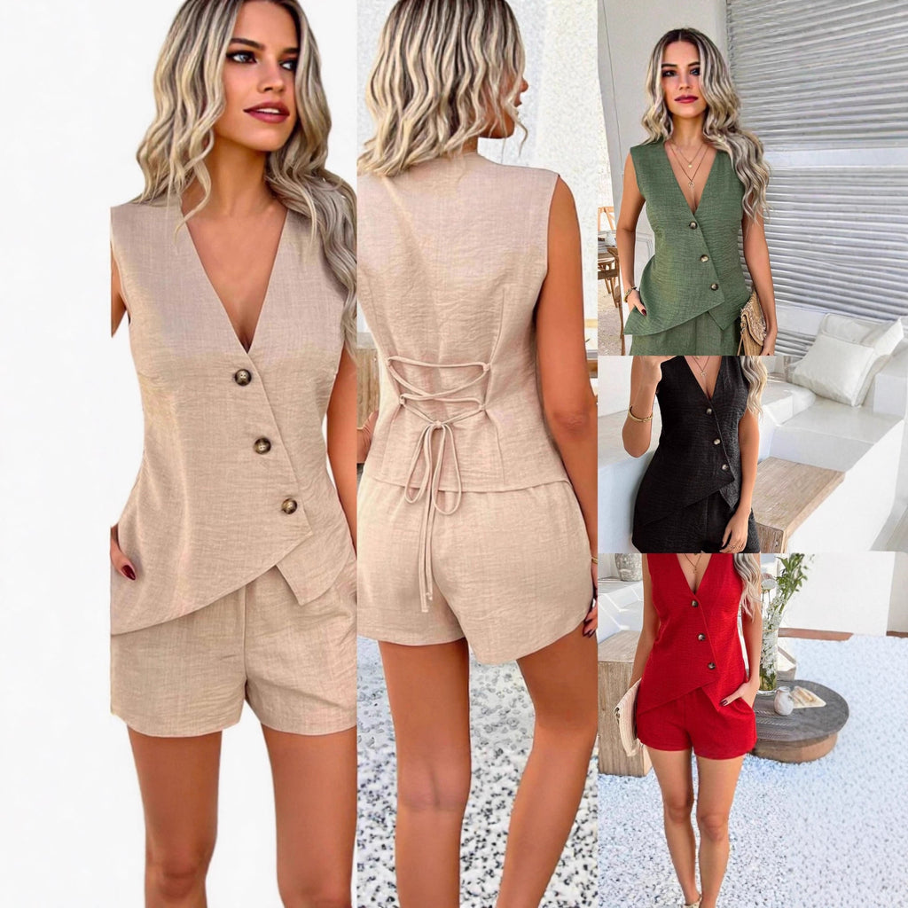 Fashionable Casual V-Neck Asymmetrical Tank Top And Shorts Set