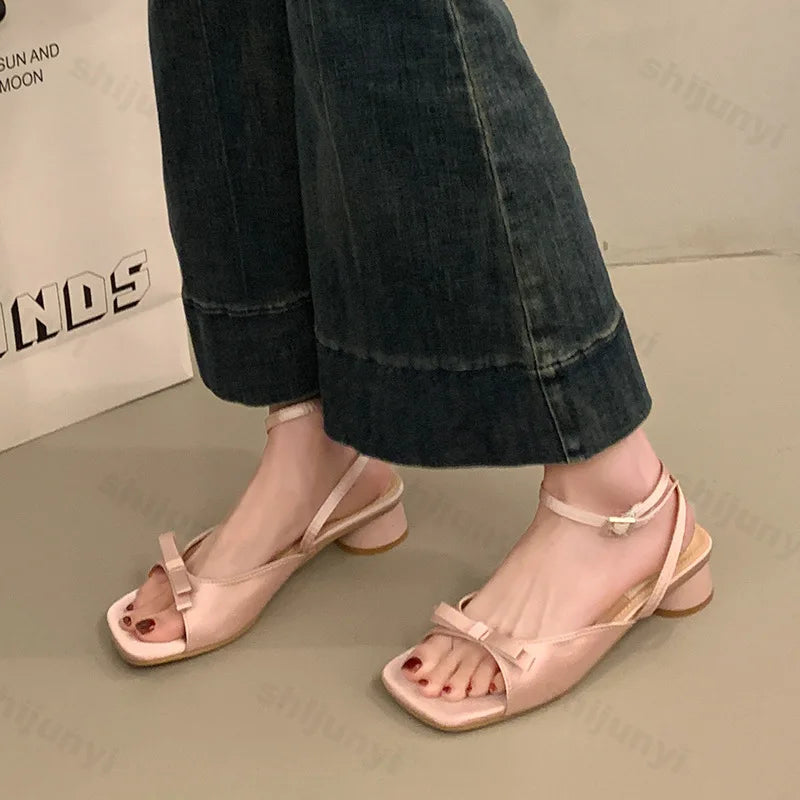 Women High-heel Sandals Fashion Thick Heel Butterfly-knot Women Sandals 2025 Summer Ladies Outdoor Gladiator Sandalias De Mujer