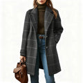Winter Plaid Wool Trench Single-Breasted Mid-Length Notched Collar Coat Trendy Casual Fashion Women Outerwear Daily Wear