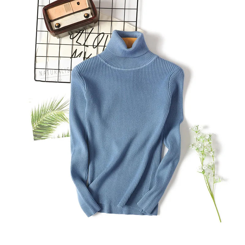 Casual Soft Polo-neck Jumper New Autumn Winter Women Knitted Turtleneck Sweater Fashion Slim Elasticity Solid Ribbed Pullovers 