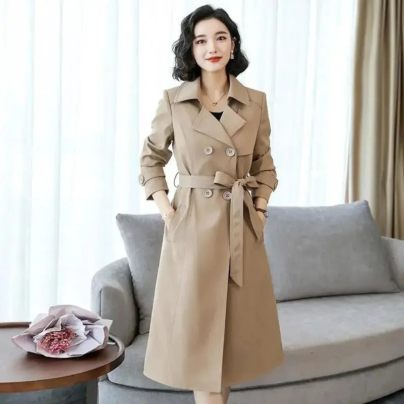 Women Trench Coat Spring 2025 New Fashion Khaki Black Double-Breasted Mid Length Windbreaker Female Outerwear Gabardina Mujer