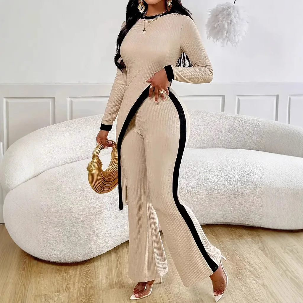 New Women's Sets 2 Pieces Elegant Round Neck Slim Irregular Sexy Solid Color Top + Wide-leg Loose Trousers Ladies Clothes
