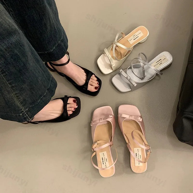 Women High-heel Sandals Fashion Thick Heel Butterfly-knot Women Sandals 2025 Summer Ladies Outdoor Gladiator Sandalias De Mujer