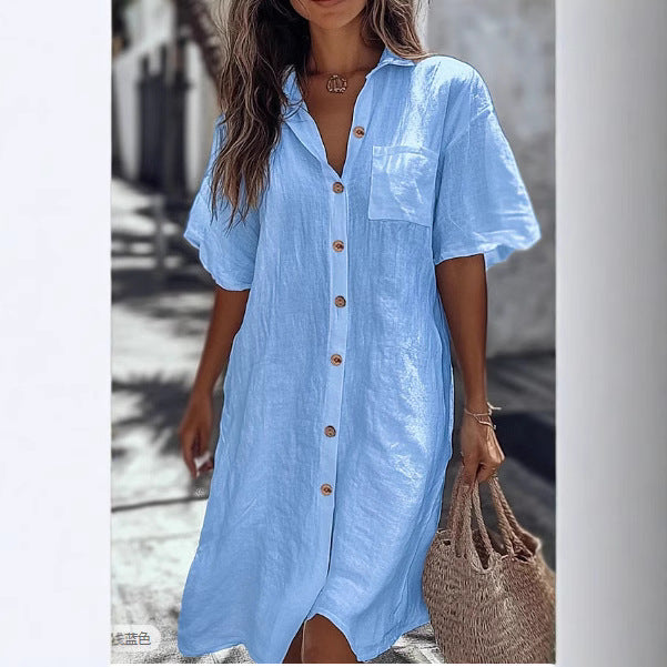 Casual Solid Shirt Dress Lady Fashion Short Sleeve Button Loose Dresses Women Elegant Office Skirt Womens Clothing Summer camisa manga corta de verano mujer.