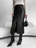 Leather Skirt High Waist Women Front Slit Spring Autumn Long Skirt High Waisted Office Lady Slim Skirts Elegant Women's Clothing