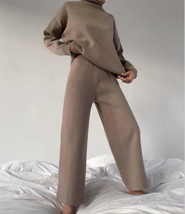 Sets Women Outfits Elegant Turtleneck Long-sleeved Sweater Trouser Suit Solid Color Comfortable Wide Leg Home Conjuntos De Mujer