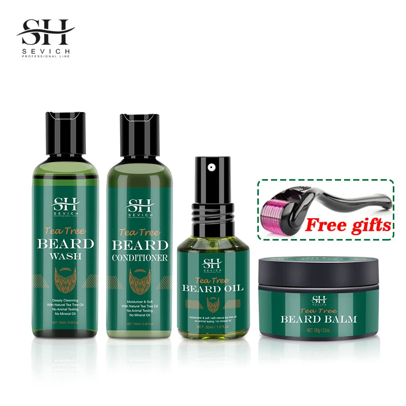 Beard Growth Kit For Men Tea Tree Hair Enhancer Thicker Beard Care Oil Nourishing Moisturizing Beard Conditioner Anti Hair Loss 