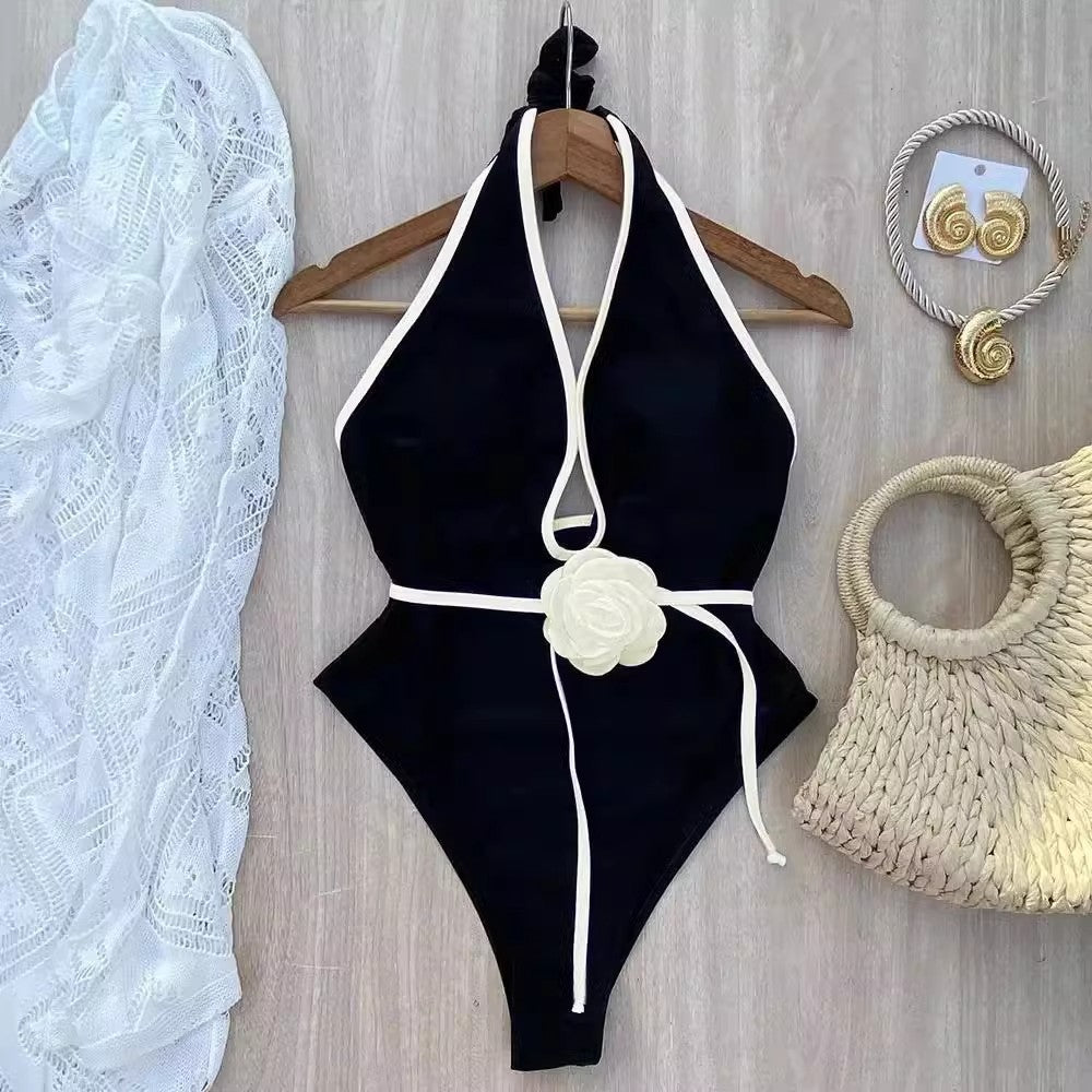 Pure Color Halter Waist Lace Flower Waist Slimming Slim Fit One-piece Sunscreen Women's Swimsuit