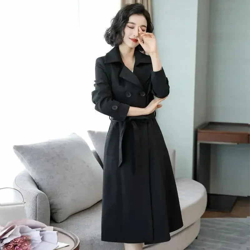 Women Trench Coat Spring 2025 New Fashion Khaki Black Double-Breasted Mid Length Windbreaker Female Outerwear Gabardina Mujer