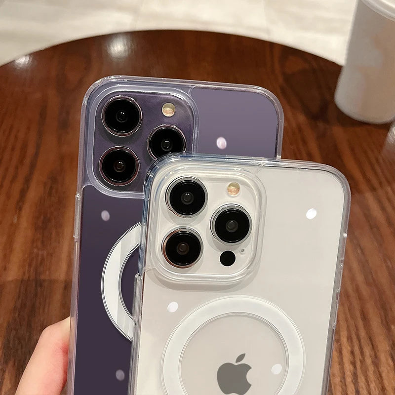 For Magesafe Magnetic Transparent Wireless Charging Case For iPhone 11 12 13 14 15 16 17 Air Pro Max Plus Mini Shockproof PC Cover 
