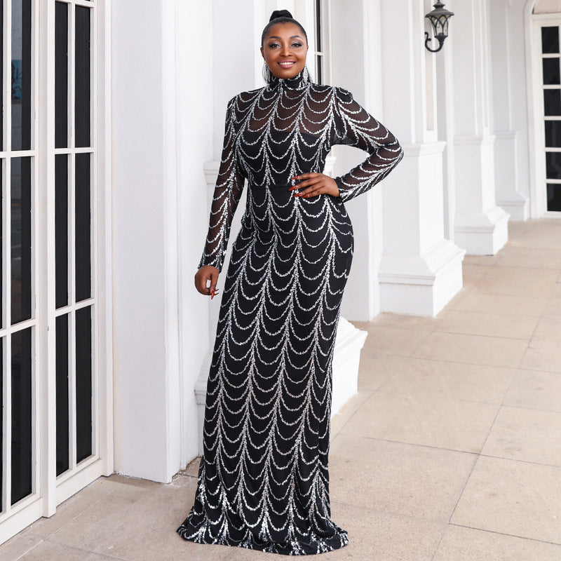New Long Dress Round Neck Gold And Black Sequin Embellished High Waist Elegant Pullover Gown