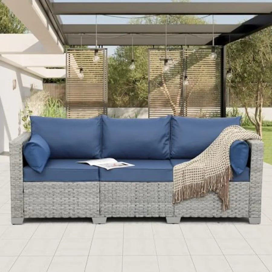 Outdoor Couch 3 Seater Wicker Patio Sofa Gray Rattan Deep Seat Balcony Furniture Porch Seating with Navy Blue Cushion