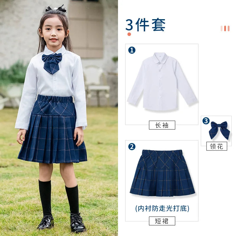 Kids British Plaid Vest Shirt Suit Pants Girls Waistcoat Blouse Skirts Children School Uniform Boys Korean Students Clothes Set
