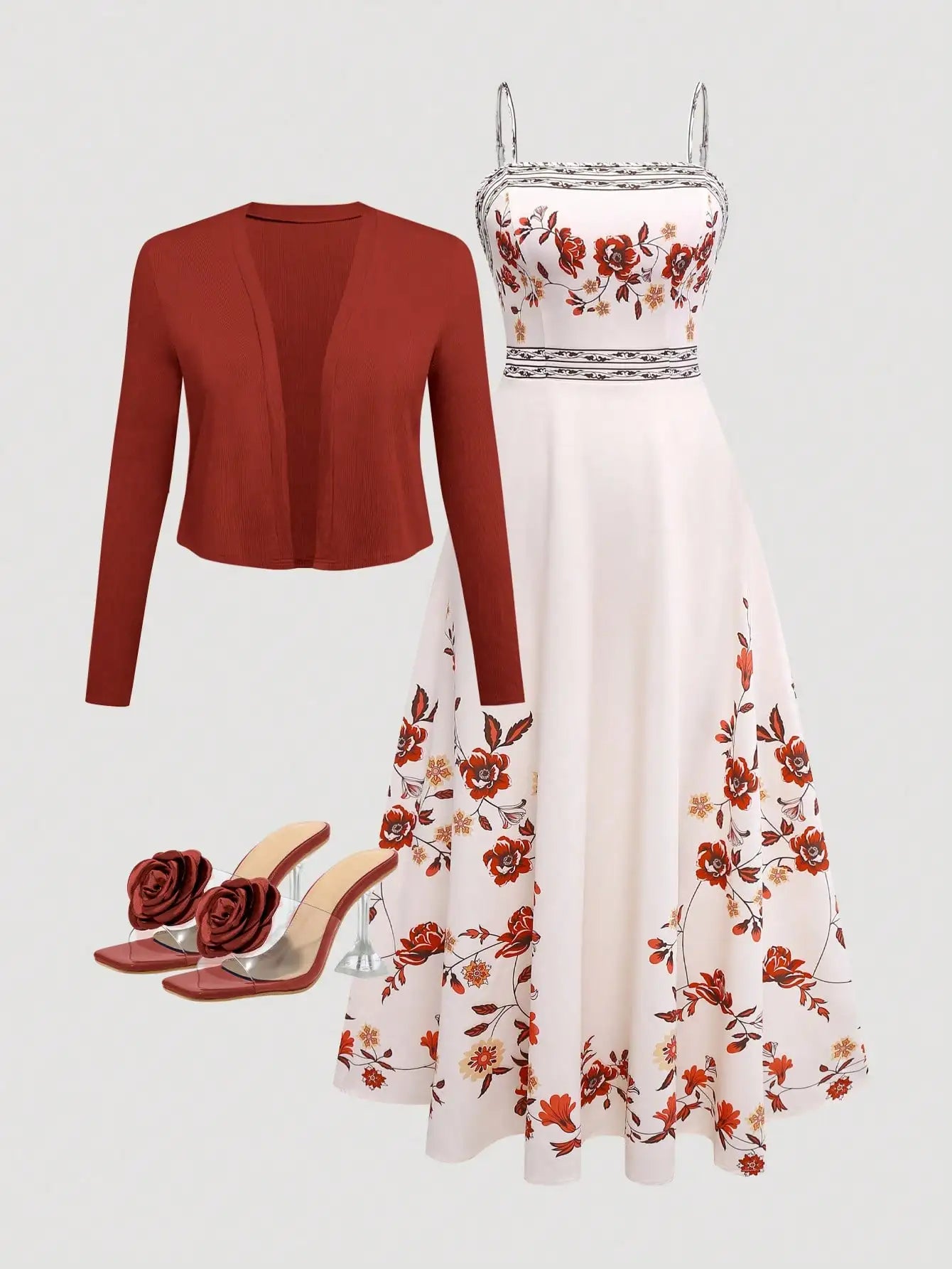 Women's Elegant Leopard Print Camisole Dress With Waist Cincher & Knit Cardigan Set
