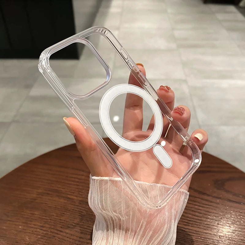 For Magesafe Magnetic Transparent Wireless Charging Case For iPhone 11 12 13 14 15 16 17 Air Pro Max Plus Mini Shockproof PC Cover 