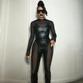 Spliced Mesh Sheer Long-Sleeve Sexy Bodycon Black Jumpsuit