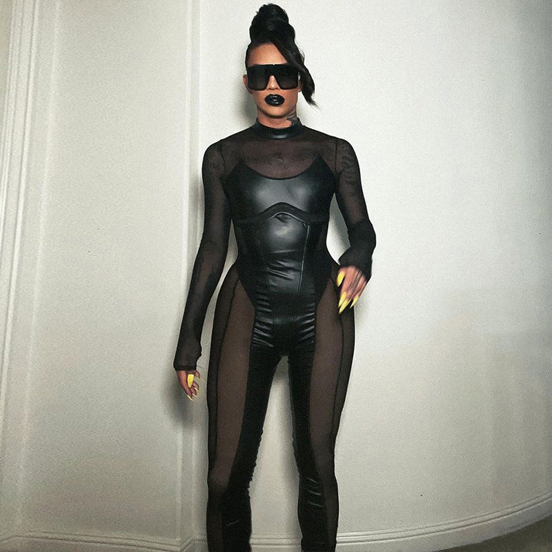 Spliced Mesh Sheer Long-Sleeve Sexy Bodycon Black Jumpsuit