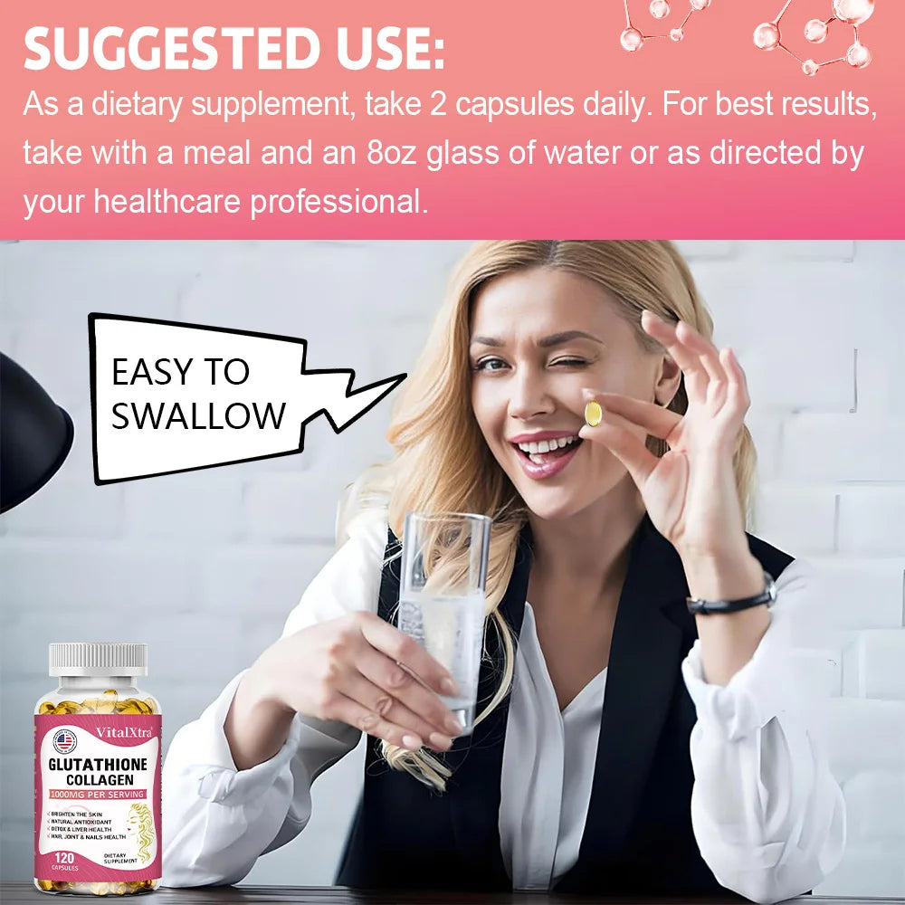 Glutathione Collagen 1000mg, Highly Absorbable Supplement, Supports Skin Health, Immunity, and Liver Function, 120 Capsules