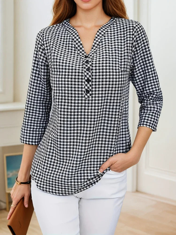 Plus Size Spring Autumn Women Fine Plaid Fashion Long Sleeve V-Neck Blouse Slim Fit Temperament Top Belly Covering Small Shirts