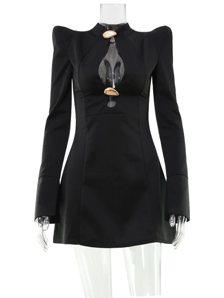 CNYISHE Metal Buckle Hollow Out Women Dresses Autum Fashion Solid O Neck Sheath Long Sleeve Sexy Club Female Bodycon Chic Robes