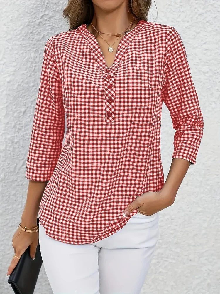 Plus Size Spring Autumn Women Fine Plaid Fashion Long Sleeve V-Neck Blouse Slim Fit Temperament Top Belly Covering Small Shirts